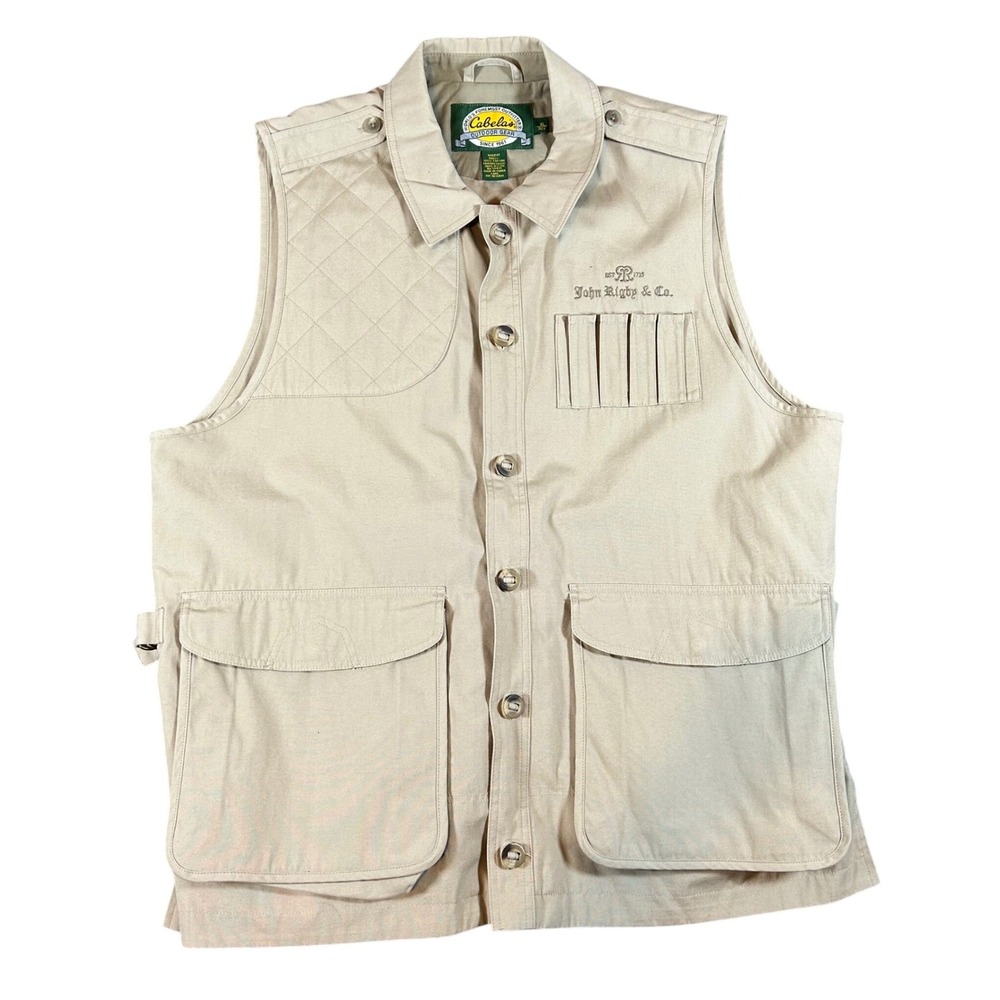 Cabelas Shooting‎ Vest Mens XL Tan Cotton Canvas Hunting Game Bag Company Logo